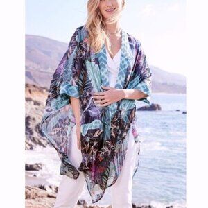 Soft Surroundings Womens Botanical Laurus Sheer Kimono One Size Boho Resortwear